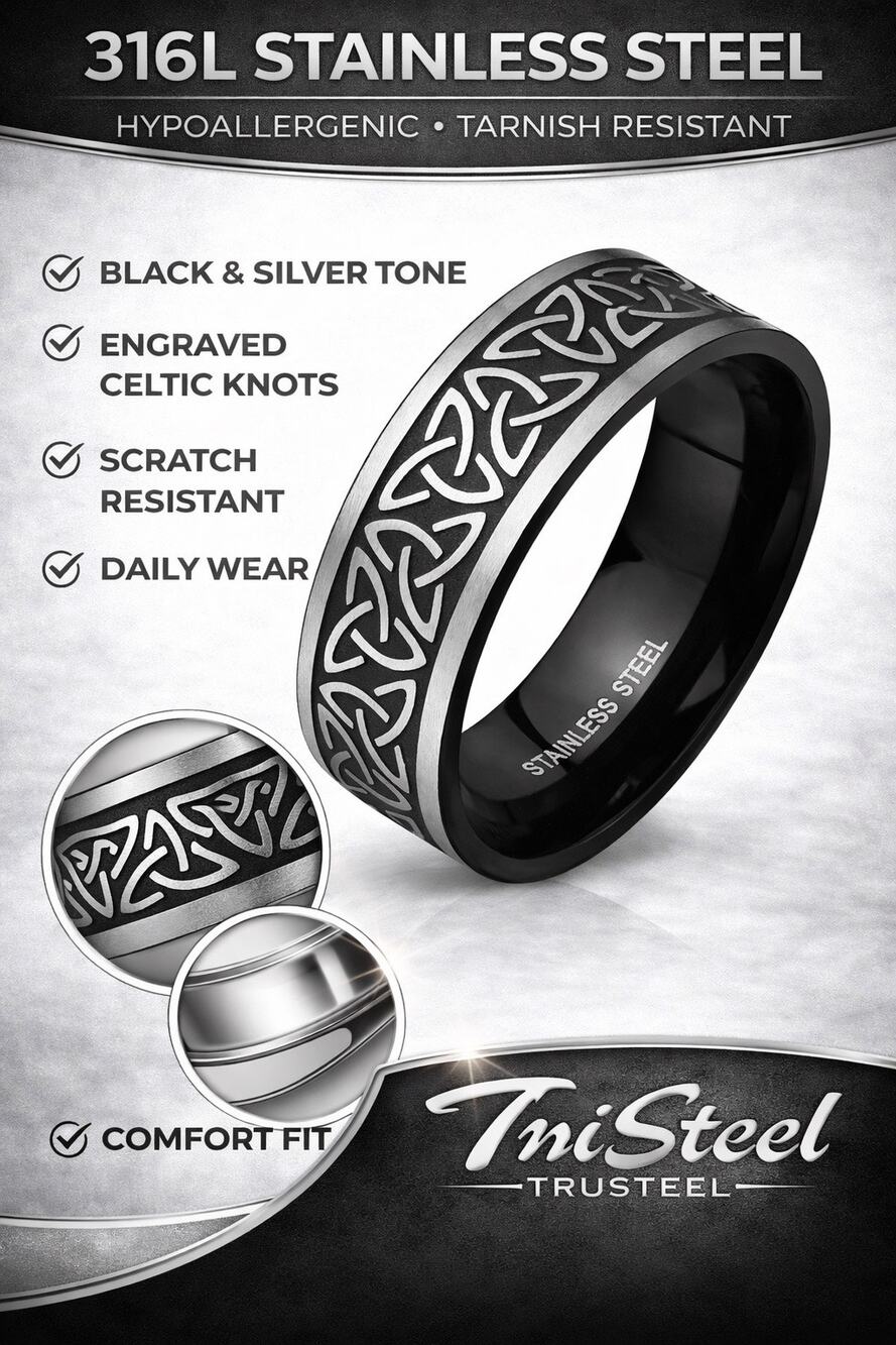 Men’s Tribal Celtic Trinity Knot Black Stainless Steel Ring 8mm width Size 10